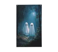 Deux fantômes mignons dans les bois sombres drapeaux de maison de cour, bannière de vœux de saison avec œillets, décoration d'intérieur ou d'extérieur