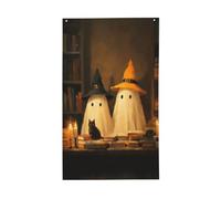 Deux fantômes mignons et drapeaux de maison de chat noir, 9,6 x 1,5 m, bannière de vœux avec œillets pour décoration d'intérieur et d'extérieur