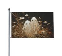 Deux fantômes mignons fleurs sauvages et grands drapeaux de maison de cour, bannière de vœux de saison avec œillets, décoration d'intérieur ou d'extérieur