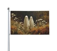 Deux fantômes mignons marchant avec des fleurs sauvages, champ, cour, maison, bannière de vœux avec œillets, décoration d'intérieur et d'extérieur