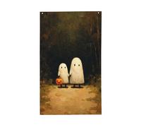 Deux fantômes mignons marchant dans la forêt, chemin de cour, maison, bannière de vœux avec œillets, décoration d'intérieur et d'extérieur