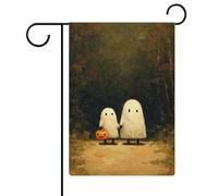 Deux fantômes mignons qui marchent dans la forêt - Drapeau de jardin en toile de jute - Double face - 30,5 x 45,7 cm