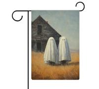 Deux fantômes mignons vieilles maison abandonnée drapeau de jardin saisonnier vacances toile de jute double face maison cour drapeaux extérieurs 30,5 x 45,7 cm