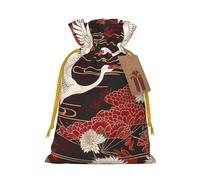 Deux grues chrysanthèmes imprimés sacs de Noël avec cordon de serrage pour emballage cadeau de Noël, ruban de Noël jaune, S