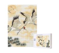 Deux grues japonaises volant peinture traditionnelle Puzzle imprimé avec boîte de rangement Puzzle en bois pour adultes et enfants 300 pièces Jeu décoratif amusant en famille