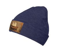 Deux jolis bonnets en forme de fantômes dans un bateau à rames en bois pour homme et femme - Bonnet d'hiver chaud en tricot à revers en acrylique - Bleu marine