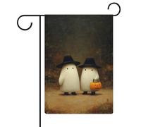Deux jolis fantômes blancs dans les bois Drapeau de jardin saisonnier Vacances en toile de jute double face Maison cour Drapeaux extérieurs 30,5 x 45,7 cm
