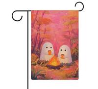 Deux jolis fantômes blancs dans les bois Drapeau de jardin saisonnier Vacances en toile de jute double face Maison cour Drapeaux extérieurs 30,5 x 45,7 cm