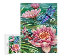 Deux libellules colorées se reposent sur des nénuphars roses dans un étang serein. Puzzle en bois classique de 500 pièces pour adultes