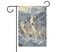 Deux loups blancs dans la forêt enneigée montagnes drapeau de jardin saisonnier vacances toile de jute double face maison cour drapeaux extérieurs 32 x 47 cm
