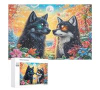 Deux Loups Blancs par Le lac éclairé de Lune avec des pins Puzzle 1000 Pièces pour Couples Pause Au Bureau Anti-Stress Cadeau pour Anniversaire De Mariage 1000 PCS