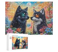 Deux Loups Blancs par Le lac éclairé de Lune avec des pins Puzzle 300 Pièces pour Adolescents 14+ Défi Puzzle Pensée Critique Cadeau pour Adolescents 300 PCS