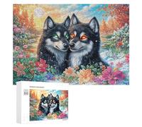 Deux Loups dans Le Champ de Fleurs avec Le Ciel Coucher du Soleil Puzzle 300 Pièces pour Seniors Temps Libre Intérieur Entraînement Mémoire Cadeau pour Retraite 300 PCS