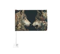 Deux loups face à l'autre avec des fleurs drapeau de voiture extérieur clip fenêtre extérieur 30 x 45 cm décoration de voiture double face