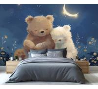 Deux ours en peluche se câlinant sous la lune et les étoiles, papier peint ciel étoilé onirique pour chambre d'enfant, décoration murale chaleureuse pour chambre d'enfant 250x195cm (Non autocollant)