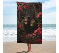 Deux oursons sous un arbre fleurs rouges serviette de plage en microfibre anti-sable grande serviette de douche multi-usages absorbante pour salle de bain piscine 130 x 80 cm