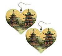 Deux pagodes sur le lac - Boucles d'oreilles en cuir synthétique - En forme de cœur - Légères - Pour femmes - Mariages, fêtes, cérémonies, banquets, cadeaux