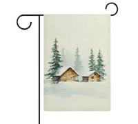 Deux petites cabanes en rondins dans le jardin enneigé, drapeaux de vacances saisonnières en toile de jute double face pour maison, cour, extérieur, 30,5 x 45,7 cm