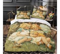 Deux Petites Filles Blondes assises sous Un Arbre Housse De Couette Super King(260x220cm) Impression 3D De White Rabbit Orange Kitten, Parure De Lit Housse pour Adultes Et Enfants