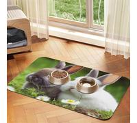 Deux petits lapins mignons tapis d'alimentation absorbant en cuir synthétique pour chien et chat - Protège les sols - Dos en caoutchouc antidérapant - Facile à nettoyer - 40 x 60 cm