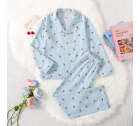 Deux pièces Pyjama à manches longues pour filles avec imprimé cerise plissé mignon et design de col, tissu confortable. Parfait pour les soirées pyjama et les nuits détendues au printemps et à l'autom
