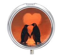 Deux pingouins amoureux - Pilulier de voyage à 3 compartiments - 3 fois par jour - Joli mini pilulier pour sac à main et poche - Boîte à médicaments portable en métal avec miroir - Récipient rond pour