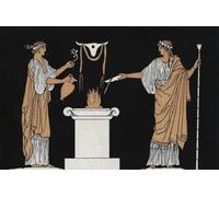 Deux prêtresses de la Grèce antique font des offrandes aux morts sous la forme d'une libation versée sur une flamme sur un autel. Après une œuvre de l'artiste anglais John Flaxman. Poster imprimé par