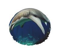 Deux requins blancs - Bonnet de bain élastique réutilisable - Imperméable - Pour homme et femme - Grand bonnet de douche double couche pour cheveux longs, tresses