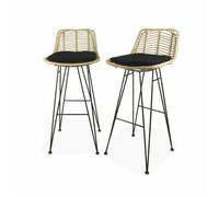 Deux tabourets de bar en rotin naturel et métal. coussins noirs - Cahya