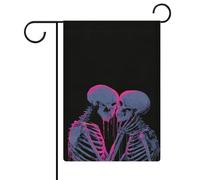 Deux têtes de squelettes noires touchant drapeau de jardin saisonnier vacances toile de jute double face maison cour drapeaux extérieurs 30,5 x 45,7 cm