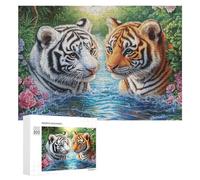 Deux Tigres dans la Neige avec des Fleurs Roses et des Oiseaux Puzzle 300 Pièces pour Adolescents 14+ Défi Puzzle Pensée Critique Cadeau pour Adolescents 300 PCS
