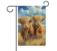 Deux vaches Highland Drapeau de jardin saisonnier Vacances en toile de jute double face Maison cour Drapeaux extérieurs 30,5 x 45,7 cm