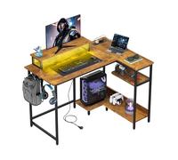 DEVAISE Bureau d'angle en Forme de L avec Prises Intégrées et Éclairage LED, Bureau Réversible 110x80 cm avec Étagères de Rangement, Table Informatique pour Bureau, Gaming ou Télétravail, Marron
