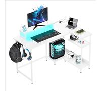 DEVAISE Bureau d'angle en Forme de L avec Prises Intégrées et Éclairage LED, Bureau Réversible 120x80 cm avec Étagères de Rangement, Table Informatique pour Bureau, Gaming ou Télétravail, Blanc