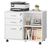 DEVAISE Caisson de Bureau à 3 Tiroirs avec Serrures Individuelles et Étagères Ouvertes, Caisson de Rangement Mobile avec Plateau Bois, Meuble Rangement Bureau et Meuble Imprimante pour Maison,Blanc