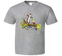 DEVELL Calvins and Hobbes Bridge Tree T Shirt Casual Round Neck Grey L
