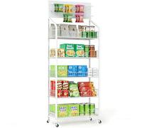 devesanter Étagère à collations 5 niveaux en métal avec 10 crochets et 4 roues, polyvalente dans les magasins, les garages, la cuisine, le salon et les bureaux Blanc