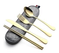 DEVICO Couverts de camping, couverts de voyage en acier inoxydable, 5 pièces avec couteau, fourchette, cuillère, baguettes et étui - Set de couverts idéal pour les déplacements (doré)