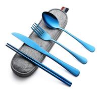 DEVICO Couverts de camping, couverts de voyage en acier inoxydable, 5 pièces avec couteau, fourchette, cuillère, baguettes et étui - Set de couverts idéal pour les déplacements (bleu)