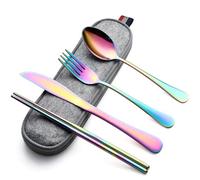 DEVICO Couverts de camping, couverts de voyage en acier inoxydable, 5 pièces avec couteau, fourchette, cuillère, baguettes et étui - Set de couverts idéal pour les déplacements (arc-en-ciel)