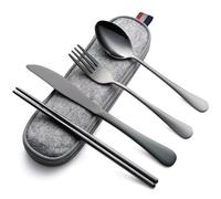 DEVICO Couverts de camping, couverts de voyage en acier inoxydable, 5 pièces avec couteau, fourchette, cuillère, baguettes et étui - Set de couverts idéal pour les déplacements (noir)