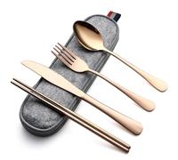 DEVICO Couverts de camping, couverts de voyage en acier inoxydable, 5 pièces avec couteau, fourchette, cuillère, baguettes et étui - Set de couverts idéal pour les déplacements (or rose)