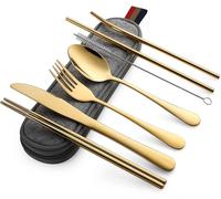 Devico Ensemble De Couverts De Camping 8 Pièces Comprenant Couteau, Fourchette, Cuillère, Baguettes, Brosses De Nettoyage, Pailles, Étui Portable, Couverts En Acier Inoxydable 8 Pièces Violet