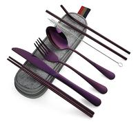 Devico Ensemble de couverts de camping 8 pièces comprenant couteau, fourchette, cuillère, baguettes, brosses de nettoyage, pailles, étui portable, couverts en acier inoxydable 8 pièces Violet