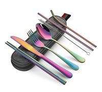 Devico Ensemble de couverts de camping 8 pièces comprenant couteau, fourchette, cuillère, baguettes, brosses de nettoyage, pailles, étui portable, couverts en acier inoxydable 8-piece Rainbow