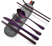 Devico Ensemble De Couverts De Camping 8 Pièces Comprenant Couteau, Fourchette, Cuillère, Baguettes, Brosses De Nettoyage, Pailles, Étui Portable, Couverts En Acier Inoxydable 8 Pièces Violet