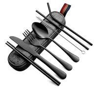 DEVICO Ensemble de Couverts de Table pour le Voyage et le Camping - 8 Pièces en Acier Inoxydable avec Couteau, Fourchette, Cuillère, Baguettes, Paille et Étui - Couverts Inox Portables