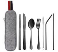 DEVICO Ensemble de Couverts de Table pour le Voyage et le Camping - 8 Pièces en Acier Inoxydable avec Couteau, Fourchette, Cuillère, Baguettes, Paille et Étui - Couverts Inox Portables