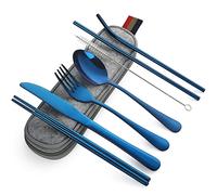 DEVICO Ensemble de couverts de voyage avec étui, ensemble de couverts de camping réutilisables en acier inoxydable pour 1 personne, couteau, fourchette, cuillère, baguettes pour boîte à déjeuner