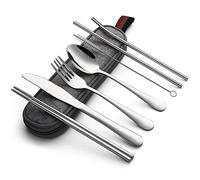 DEVICO Lot de 8 couverts portables en acier inoxydable couteau, fourchette, cuillère, baguettes, brosse de nettoyage, paille, étui portable